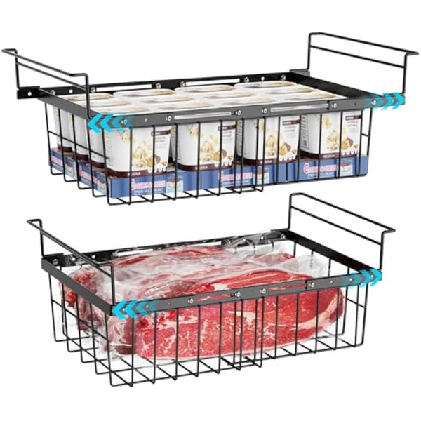 iSPECLE 2 Pack Hanging Freezer Baskets - Fit 283 to 566L Depp Freezers, Expandable Large Chest Freezer Baskets Add Space Easy Slide to Get Bottom Food, Black