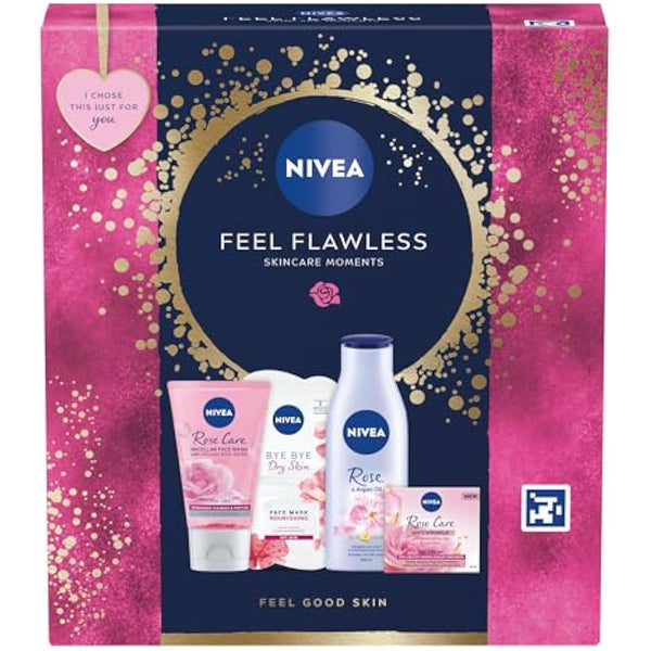 NIVEA Feel Flawless Gift Set (4 Products), Women's Gift Set with Skincare Essentials, Includes Body Lotion, Face Mask, Face Wash, and Day Cream