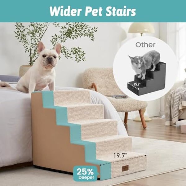 COZY KISS Wide Dog Stairs for Small Dogs, 19.7" Width Pet Stairs for High Bed Car, 60 cm High Non-Slip Dog Steps for Old Cats, Puppies, Small Medium Dogs, 75x50x60cm, 5 Tiers, Beige