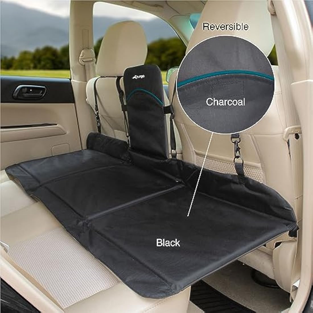 Kurgo, Rover Backseat Bridge, Rearseat Extension, Waterproof and Reversible, Black/Beige