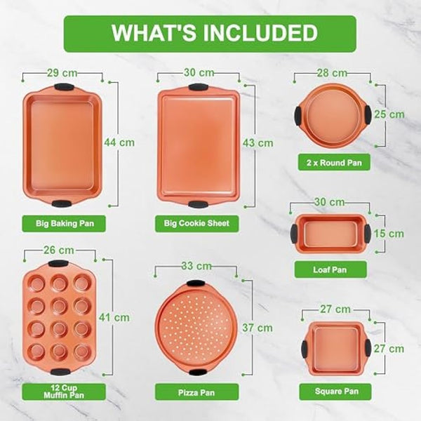 8 Piece Baking Pan Set - PFOA, PFOS, PTFE Free Flexible Nonstick Carbon Steel Bakeware Set - Home Kitchen Bake Pan Cookie Sheet Stackable Baking Tray Set w/Black Silicone Handles