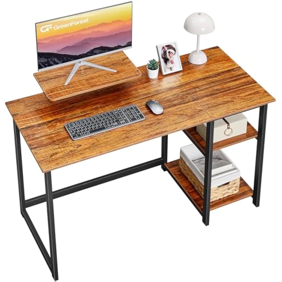 GreenForest Computer Desk with Monitor Stand,100cm Home Office Desk with Reversible Storage Shelves,Study Desk for Small Spaces,Brown