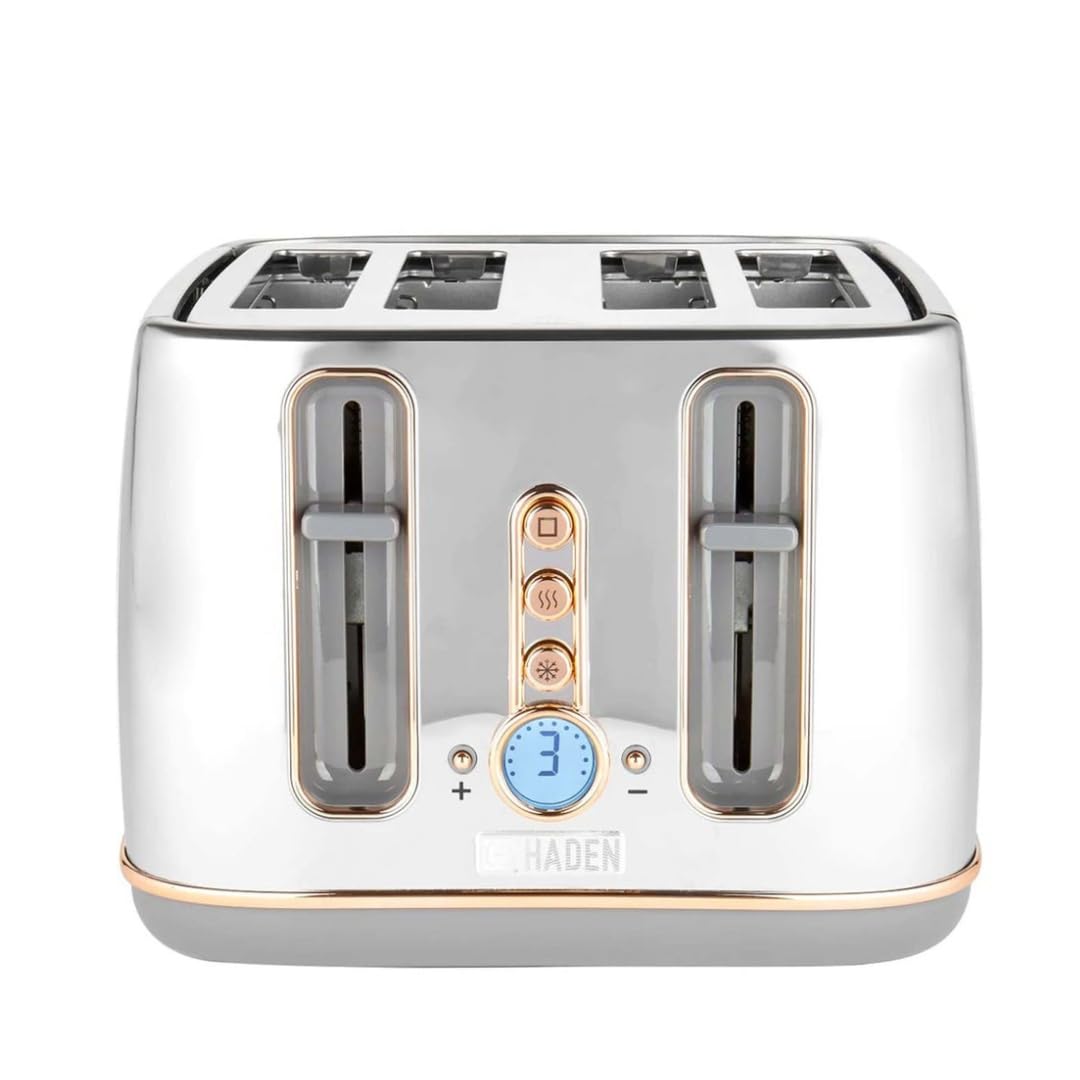 Haden Dorchester Chrome Toaster 4 Slice - Digital Browning Controls - Modern LCD Display - Cancel/Defrost/Reheat Settings - 1900-2300W Digital 4 Slice