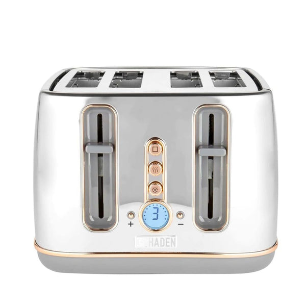 Haden Dorchester Chrome Toaster 4 Slice - Digital Browning Controls - Modern LCD Display - Cancel/Defrost/Reheat Settings - 1900-2300W Digital 4 Slice