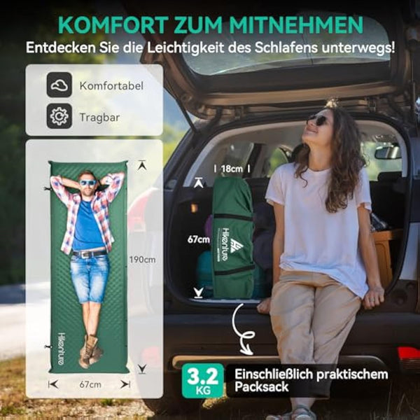 HIKENTURE Self-Inflating Sleeping Mat, 10 cm Thick Foam Camping Mattress, Ultra Thick Self-Inflating Air Mattress, Comfortable Sleeping Mat for Outdoor, Tent, Hiking, Travel (Dark Green C4)