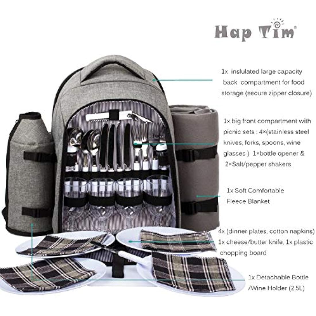 Hap Tim luxury 4 Person Picnic Backpack Picnic Rucksack Bag Hamper with Insulated Cooler Compartment includes Tableware & Fleece Blanket (EU3263-Grey)