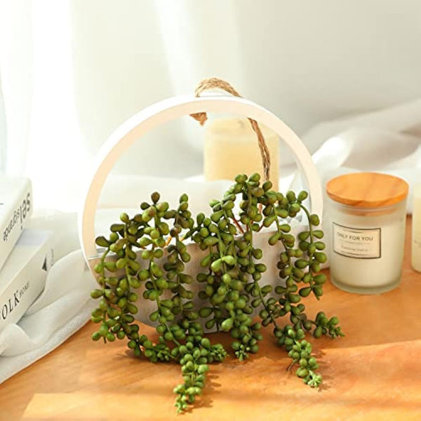 Hobyhoon Hanging Plant Artificial Succulents Fake String of Pearls Plants 12.2'' in Wooden Pot for Indoor Outdoor Wall Decor (1PCS)