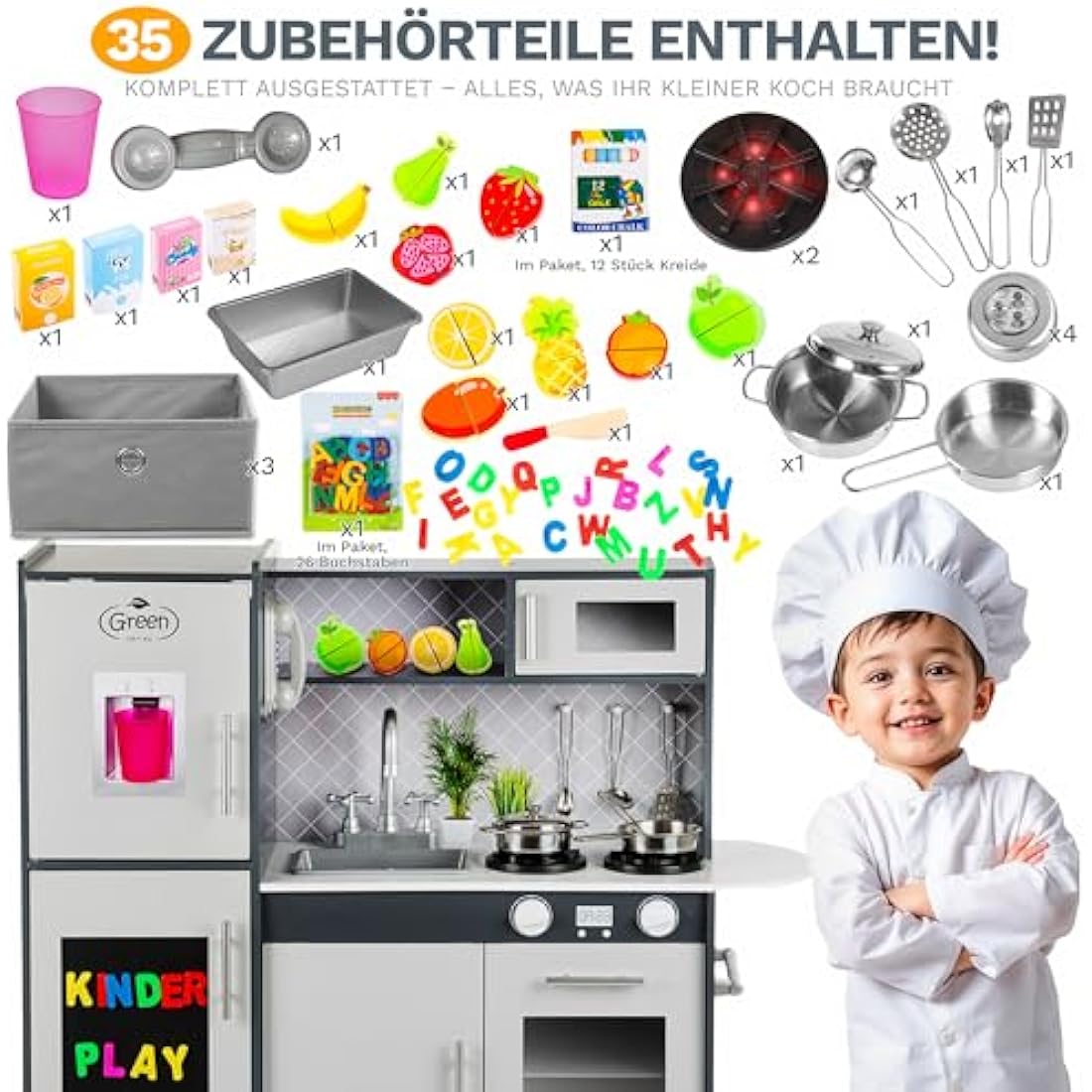 Green Series Kinderplay Large Wooden Play Kitchen - XXL Kids Kitchen for Toddlers & Children, GS0057-1