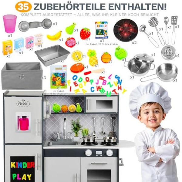 Green Series Kinderplay Large Wooden Play Kitchen - XXL Kids Kitchen for Toddlers & Children, GS0057-1