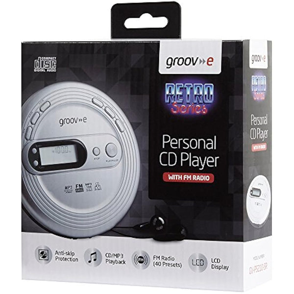 groov e RETRO Radio CD Player - Personal FM Radio with CD-R, CD-RW, & MP3 Music Playback - Anti-Skip Protection, Programmable Tracks - Earphones Included - Micro-USB or Battery Powered - Silver