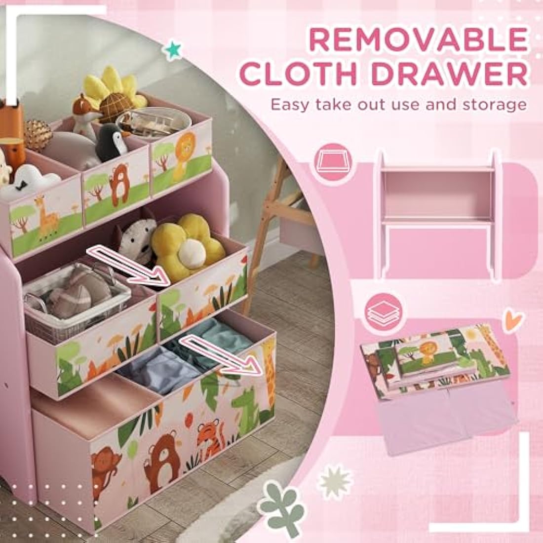 AIYAPLAY Kids Storage Unit, 3-Tier Toy Organiser Shelf with 6 Removable Storage Boxes, for Playroom, Bedroom, Children's Room, Nursery, Pink