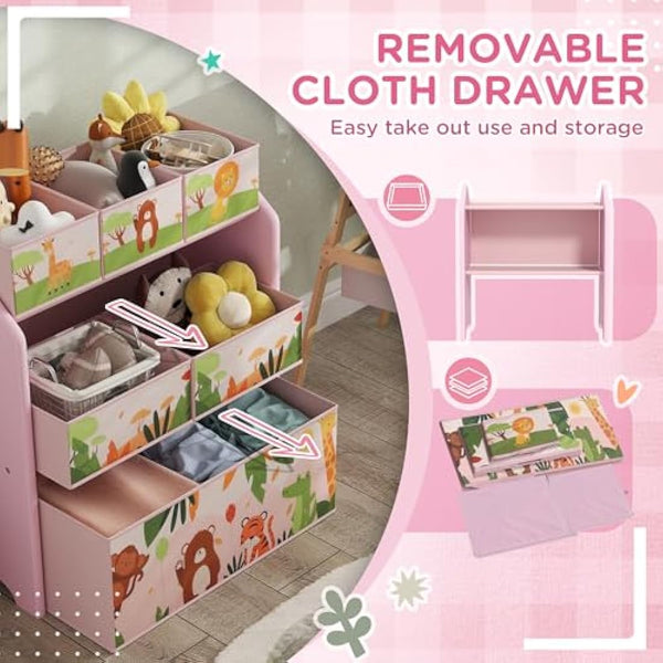 AIYAPLAY Kids Storage Unit, 3-Tier Toy Organiser Shelf with 6 Removable Storage Boxes, for Playroom, Bedroom, Children's Room, Nursery, Pink