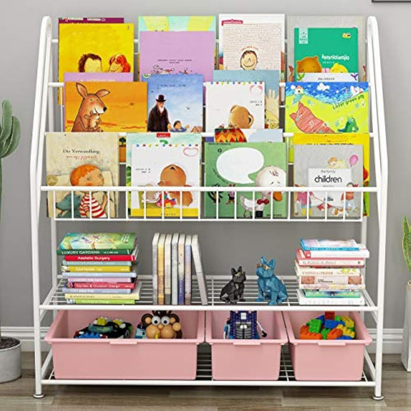 5 Tier Children's Book Organizer, Kids Book and Toys Storage, Space Saving Kids Bookcase, Display Bookshelf Stands Shelf for Study Living Room Bedroom (Plastic Storage Box Not Include)