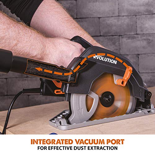 Evolution Power Tools R185CCSX Circular Saw With 1020 mm 3-Piece Track | Multi-Material Blade, Cuts Wood, Metal, Plastic & More | Incl Dust Port Adapter | 185mm (230v)