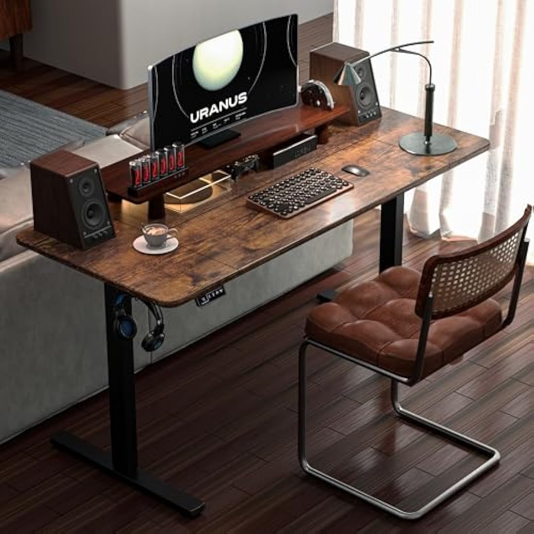 ERGOMAKER Electric Standing Desk 140x60cm (55.1"x23.6"), Height Adjustable Standing Desk with Splice Board, Stand Up Desk with Hook and Memory Smart Handset(Black Frame + Rustic Brown Desktop)