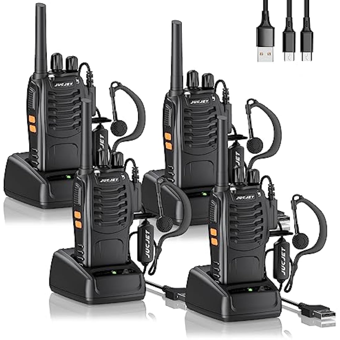 JUCJET Walkie Talkies 2023 Upgraded 88E Walkie Talkie Long Range for Adults with Earpieces, 16 Channel Handheld 2 Way Radio Rechargeable with Flashlight Li-ion Battery and Charger(4 Pack)