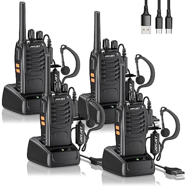 JUCJET Walkie Talkies 2023 Upgraded 88E Walkie Talkie Long Range for Adults with Earpieces, 16 Channel Handheld 2 Way Radio Rechargeable with Flashlight Li-ion Battery and Charger(4 Pack)