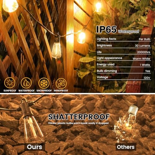 Zuske 15M Festoon Lights Outdoor Mains Powered, Garden String Lights with 25+2 LED Shatterproof Bulbs, IP65 Weatherproof for Outside Backyard Gazebo Porch Patio Cafe Bistro(Warm White) (15M)