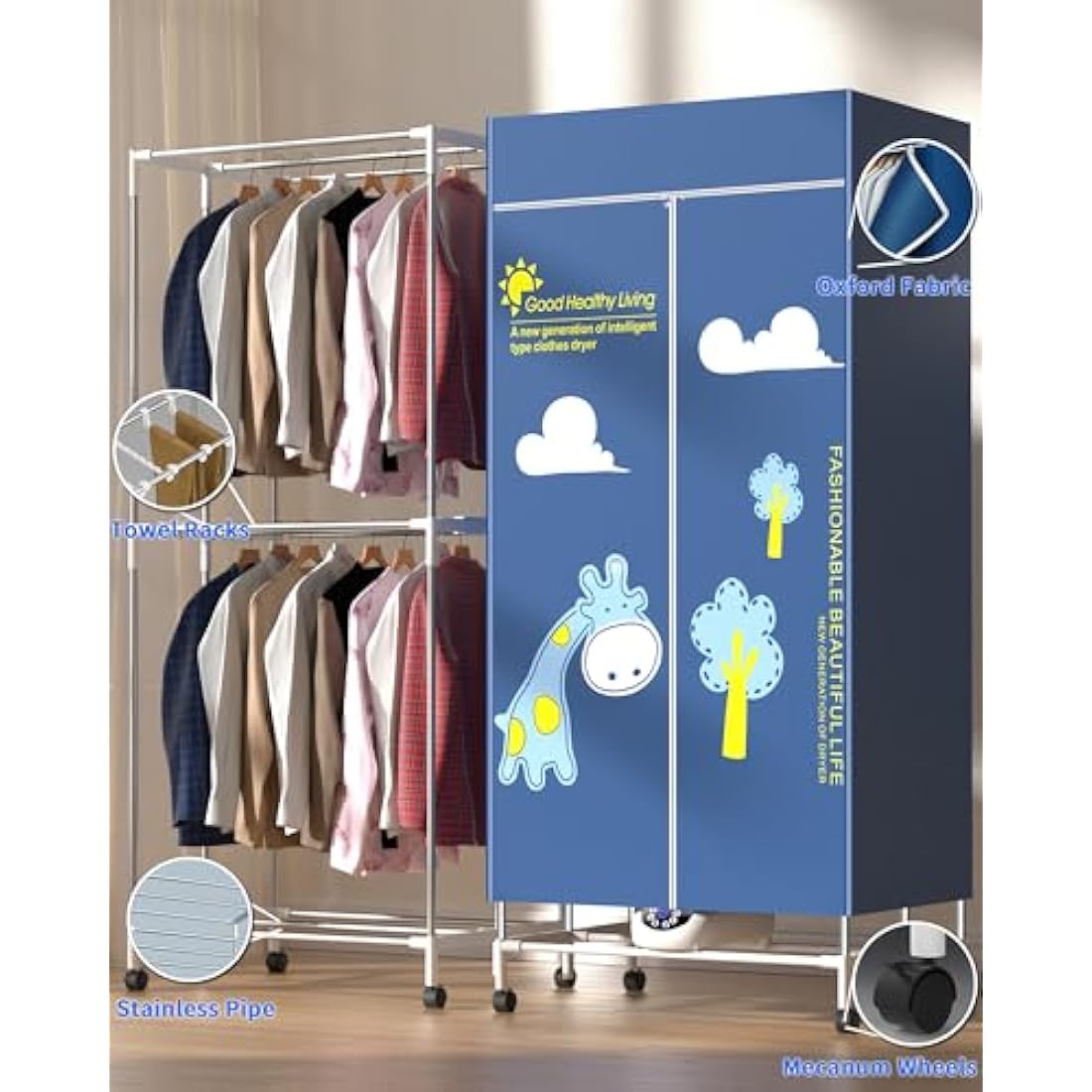 Heated Clothes Airer, 1500W-1.7 Meters Height Electric Dryer (Anion) With Remote Control, 2-Tier Foldable With 240 Mins Timer, Cover for Indoor, Apartment