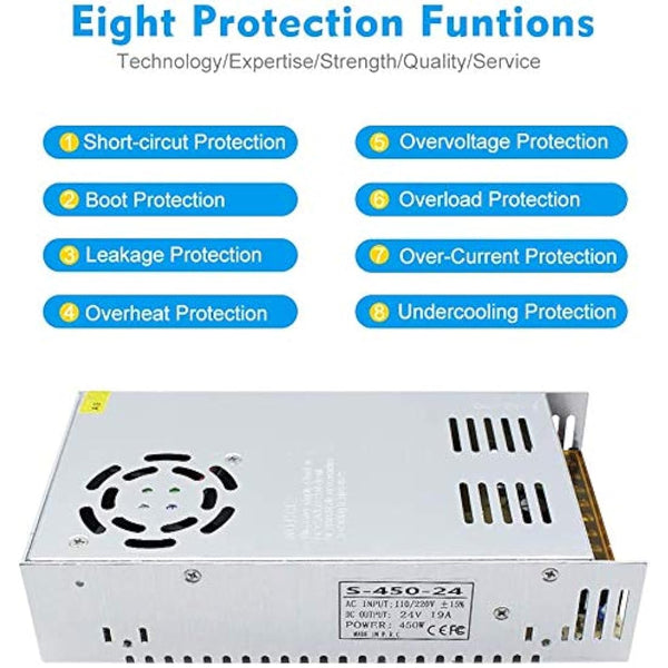 inShareplus 12V 37.5A 450W, DC Universal Regulated Switching Power Supply, 110/220V AC to DC 12 Volt LED Driver, Converter, Transformer for LED Strip Light, CCTV, Computer Project, 3D Printer
