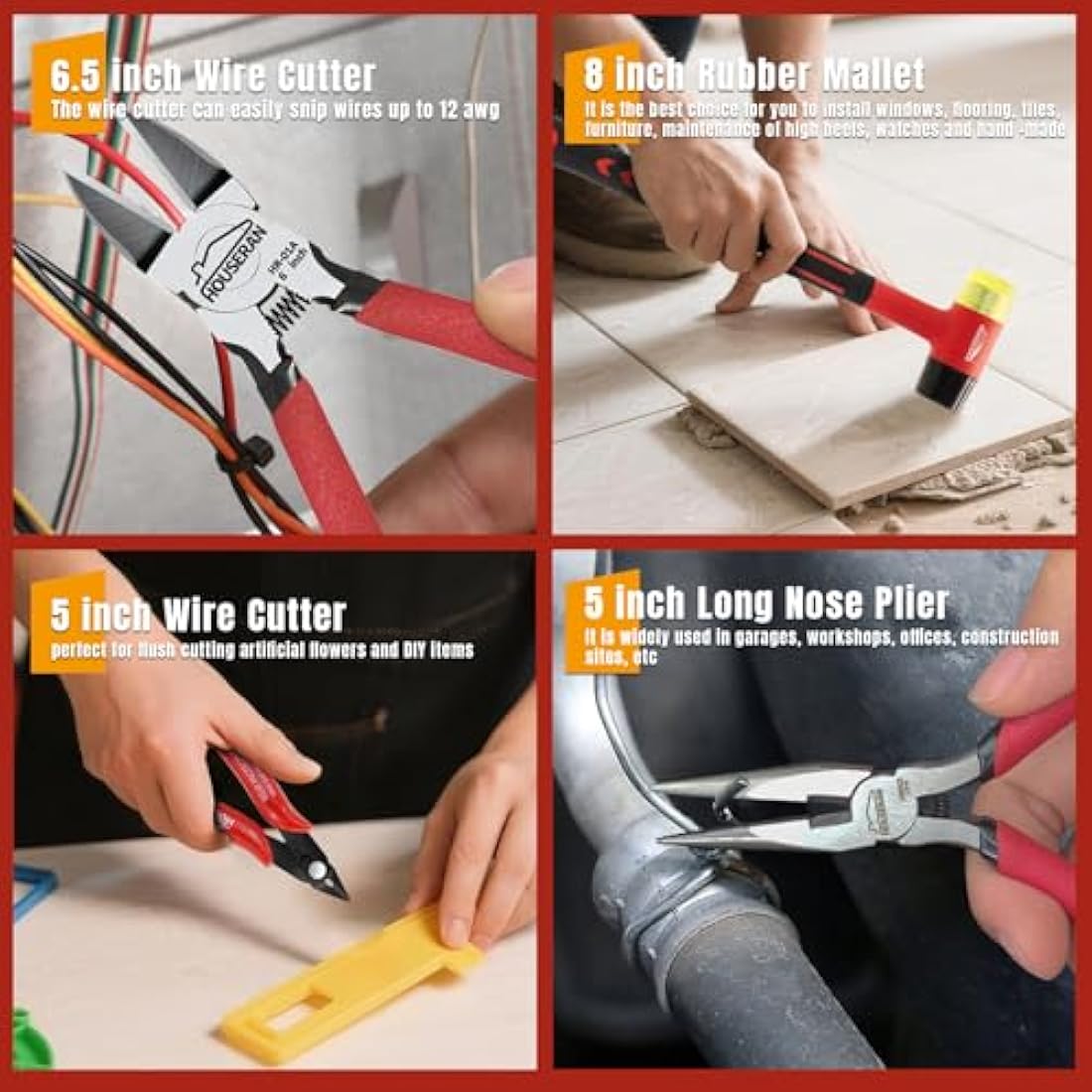 HOUSERAN Plier Set,8-Piece Tool Set with Case Including 10” Groove Joint Pliers,8.3” Long Nose,8.3” Linesman,7.5” Diagonal,6” Flush Cutter,5” Long Nose,5” 170 Cutter,Rubber Mallet for DIY & Home Use