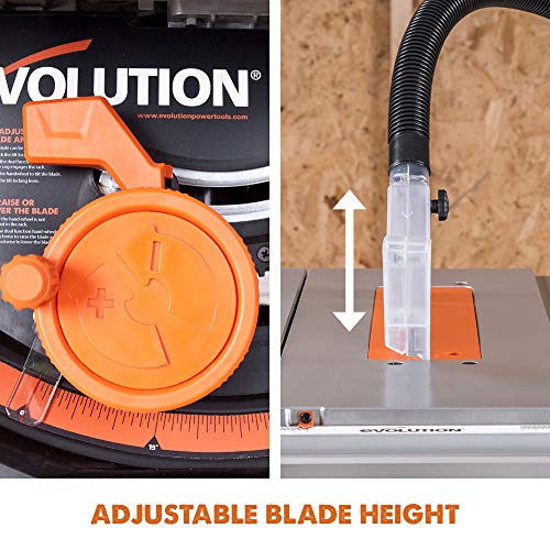 Evolution Power Tools R255TBLX+ Table Saw With Stand (Next Gen Rage 5-S) Multi-Material Cutting Blade Included Cuts Wood Metal Plastic, 45˚ Bevel, +/- 60˚ Mitre Angle, 85mm Cut Depth, 1800w Motor 240v