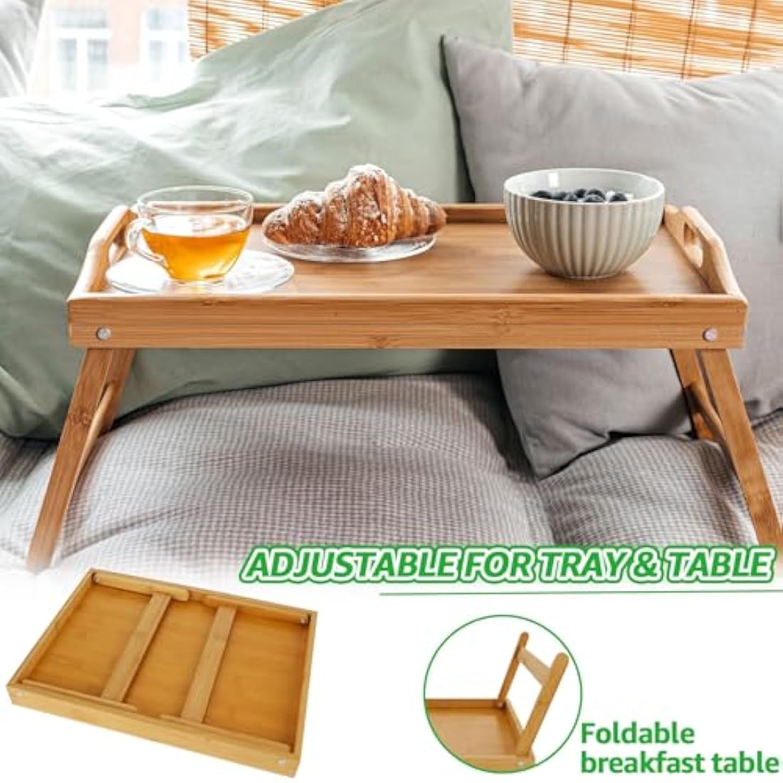 SHUESS 2 Pack Bamboo Bed Tray - 41.5 x 30 x 20.5 cm Breakfast Tray with Folding Legs - Trays for Eating on Lap, Ideal for Bed, Sofa, Eating, Platters, Working, Serving, and Drawing (Natural)