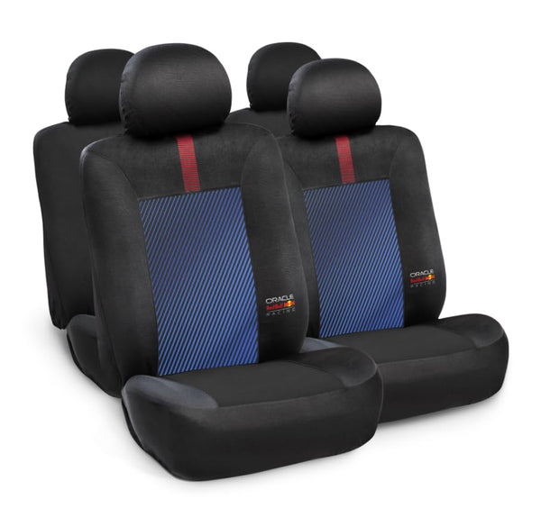 Red Bull Racing Seat Covers Front Pair – Universal Fit, Durable Material with Blue & Black Striped Back, Red Power Bar Graphic & Oracle Red Bull Racing Logo, Protects Spills & Damage (FRONT PAIR)