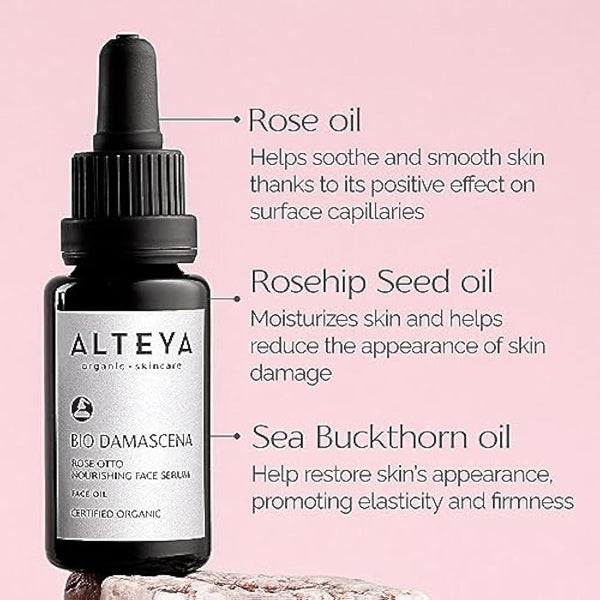 Alteya Organic Nourishing Face Serum 20 ml - USDA Certified Organic Pure Natural Bio Face Serum Based on Therapeutic Grade Bulgarian Rose Essential Oil (Rosa Damascena)