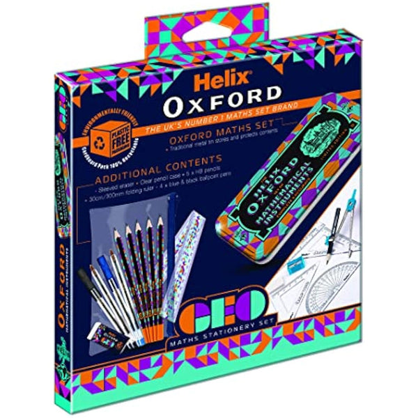 Helix Oxford Geo Complete Maths and Stationery Set - Oxford Maths Set, 30cm Folding Ruler, Ballpoint Pens, Eraser, Exam ready clear Pencil Case, Pencils - Orange Geometric Design