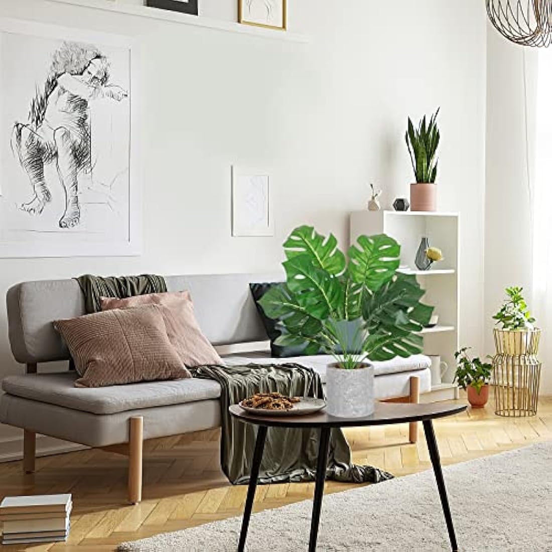 Dremisland 2pcs Fake Plants Artificial Monstera Plants in Pot 16" Tall Artificial Potted Plant with Grey Pot Faux Foliage Greenery Plant for Office Desk Shelf Table Bathroom Bedroom Indoor Décor