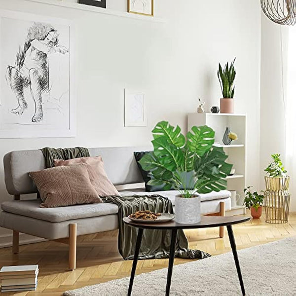 Dremisland 2pcs Fake Plants Artificial Monstera Plants in Pot 16" Tall Artificial Potted Plant with Grey Pot Faux Foliage Greenery Plant for Office Desk Shelf Table Bathroom Bedroom Indoor Décor