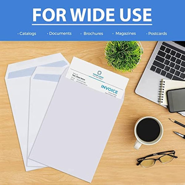 Evour A4 / C4 Self Seal White Pocket Envelopes – 229x324mm, 100 GSM, No Window – Bulk Pack for Home, Office, and Business Mailing Strong Quality Pack of 100
