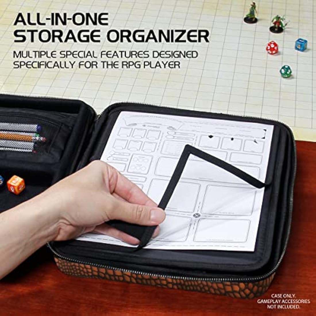 ENHANCE Collector's Edition RPG Organizer Case - DnD Binder with Built-in Character Sheet Holder and Erasable Scribe Panel, Dice Rolling Area, Removable Pen Pouch, Miniature Foam Tray (Dragon Brown)