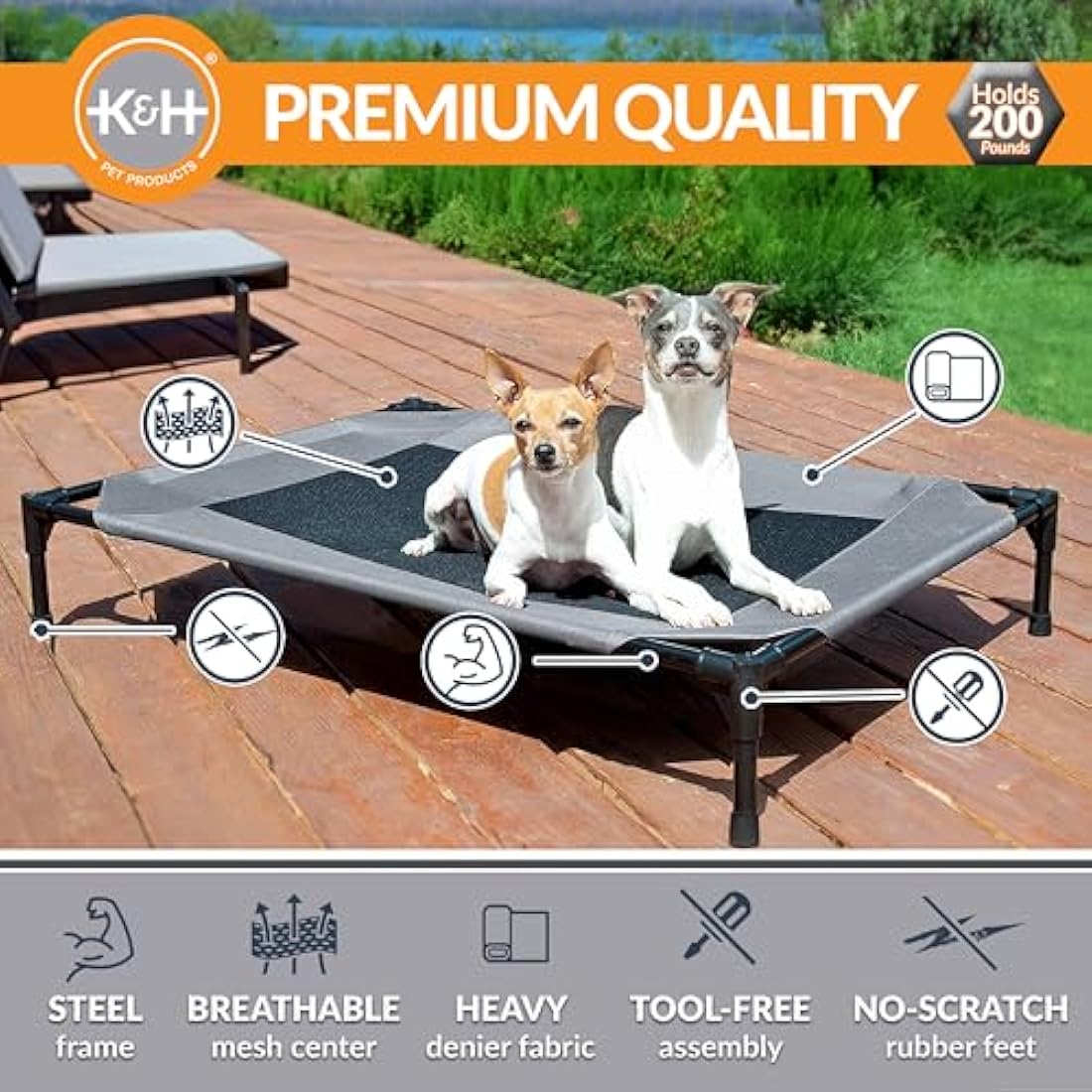 K&H Pet Products Cooling Elevated Dog Bed Outdoor Raised Cot with Washable Breathable Mesh, No-Slip Rubber Feet, Portable Cot Indoor Outdoor, Medium Grey/Black Mesh