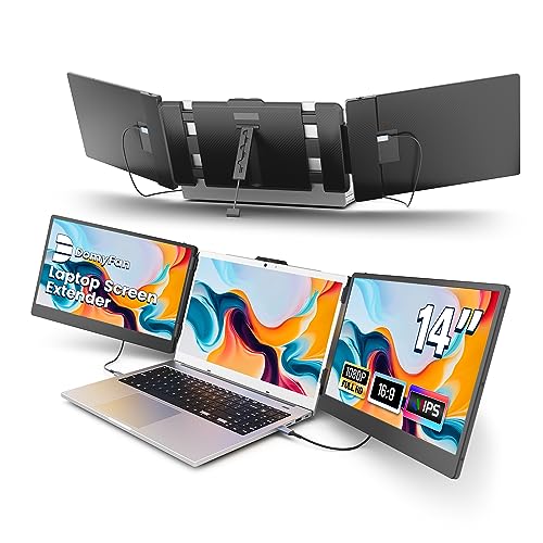 domyfan 14" Laptop Screen Extender, FHD 1080P IPS Triple Portable Monitor for Laptop, HDMI/USB-A/Type-C Plug and Play for Windows, Mac, Android, Chrome,PS5, Work with 13.3"-17" Laptops