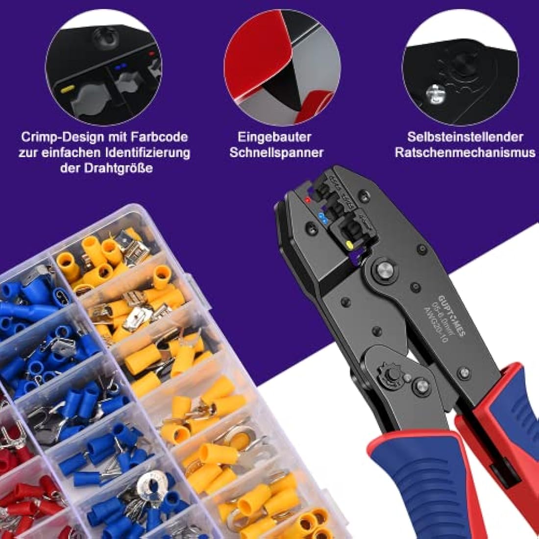 Insulated Wire Terminal Crimping Tool Kit, GUPTOMES 0.5-6mm² Ratchet Crimping Plier, Cable Lug Pliers Electrician Crimping Tool Set with 36 Type 290 Insulated Butt Bullet Spade Ring Crimp Connectors