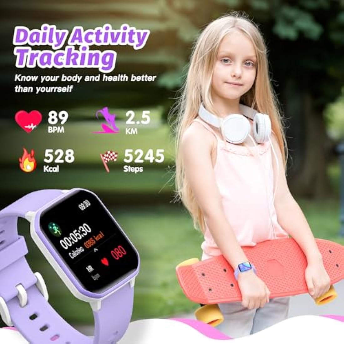 Kids Smart Watch for Girls,IP68 Waterproof Kids Fitness Tracker Watch with 1.5 Inch DIY Face,Heart Rate Sleep Monitor,19 Sport Modes,Calories Counter,Alarm Clock,Great Gifts for Children 6+ (Purple)