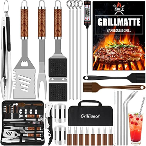 Grilliance 30pcs Stainless Steel Grill Tools Set for Men Gift Birthday, Heavy Duty BBQ Accessories Kit with Bag and Grill Mat, Portable Grilling Utensils for Outdoor Camping Brown