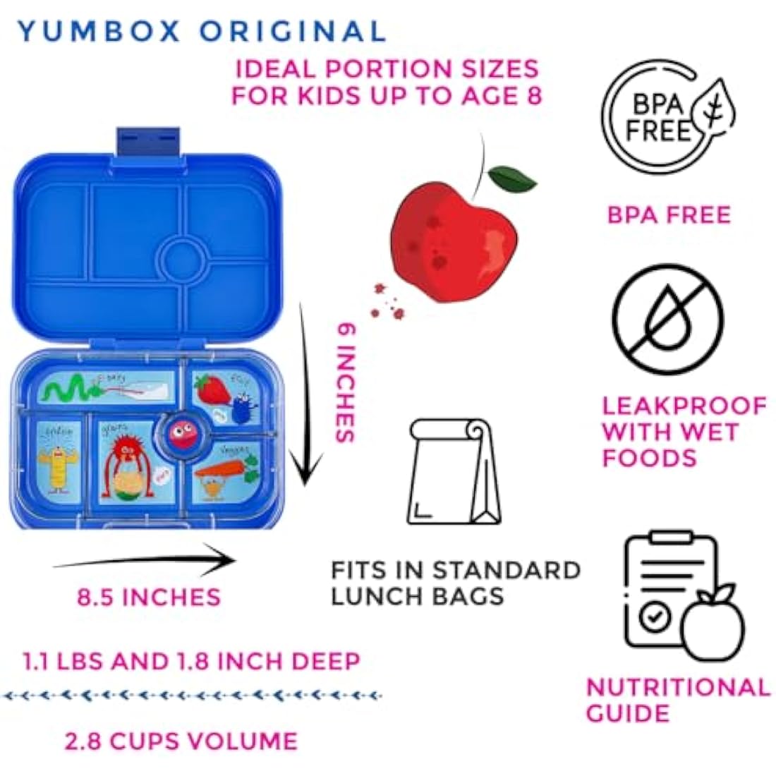 yumbox Original Leakproof Kids Bento Lunch Box, 5 Compartments + Dip Well, Easy-Open Latch, Portion Control, Removable Illustrated Tray, Ages 3-7 (Surf Blue (Funny Monsters Tray))