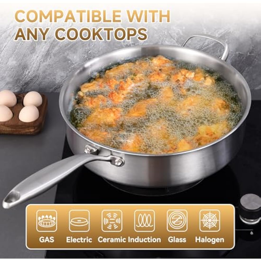 Inqibee 2.5 L Tri-Ply Stainless Steel Sauté Pan with Lid,26 CM Induction Frying Pan,Detachable Ergonomic Handle and Oven Safe