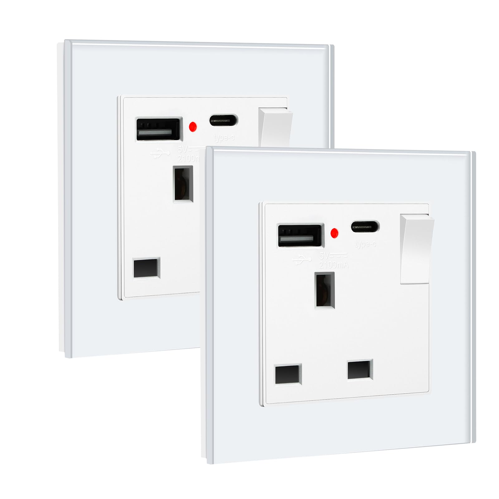 BSEED Double Socket 13A with LED Indicator, Double Switched Wall Socket 2 Gang UK Standard, Electric Switched Plug Power Wall Outlet with Glass Panel, Grey