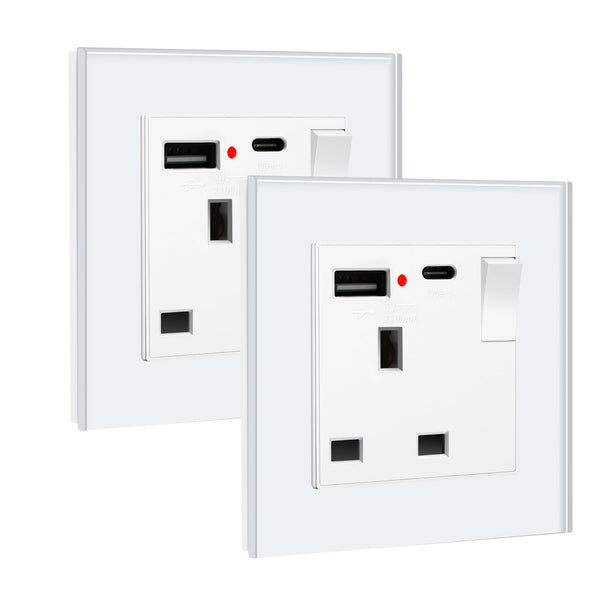 BSEED Double Socket 13A with LED Indicator, Double Switched Wall Socket 2 Gang UK Standard, Electric Switched Plug Power Wall Outlet with Glass Panel, Grey