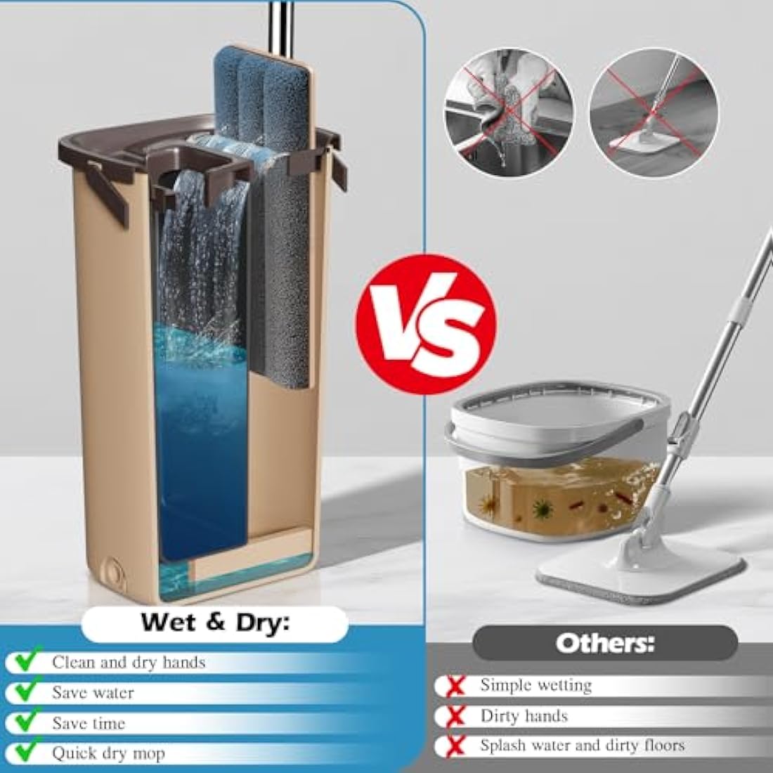 MASTERTOP Mop and Bucket, Hands Free Flat Mop and Buckets Sets with Wringer, Wet and Dry Squeeze Floor Mops with 6 Replacement Mop Pads, Compact Cleaning System, Mops for Cleaning Floors