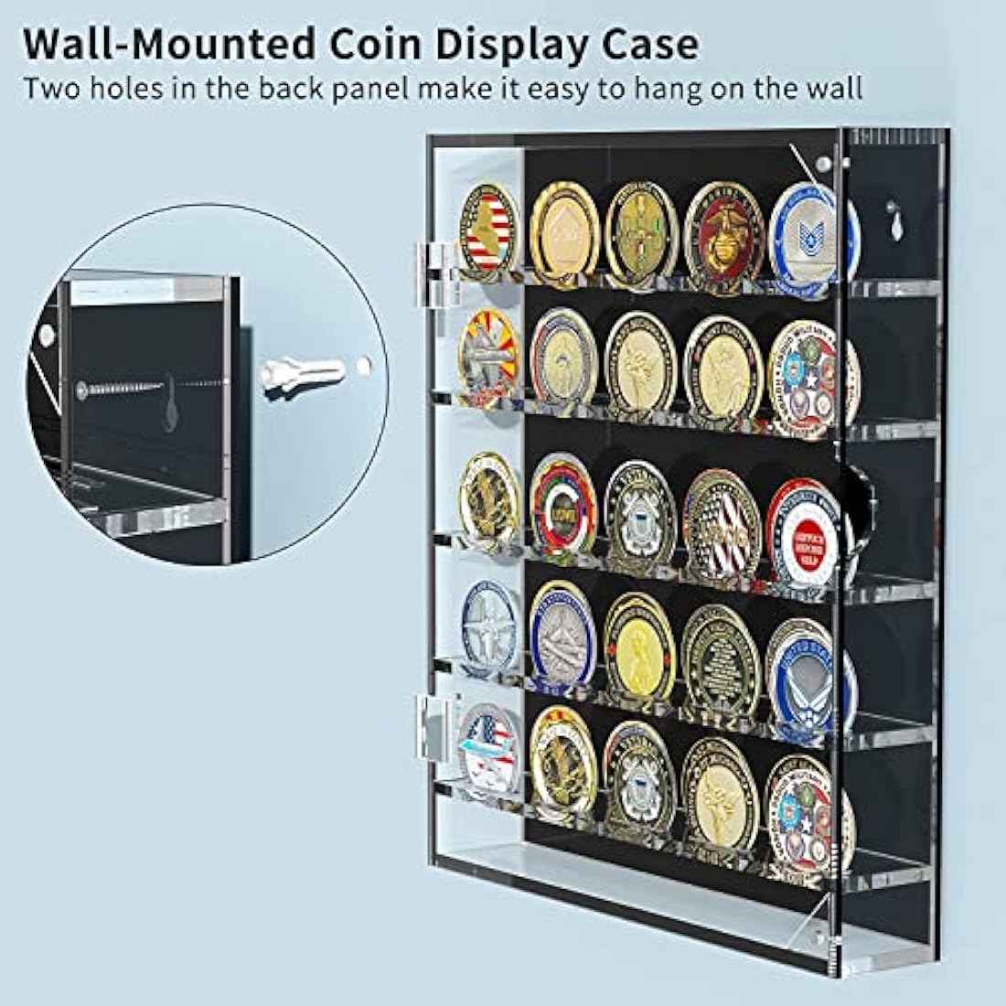 Challenge Coin Wall Display Case, Acrylic Military Challenge Coin Holder with Removable Shelves and Magnetic Door,Coin Box fits 45 Military Medals Poker Chip