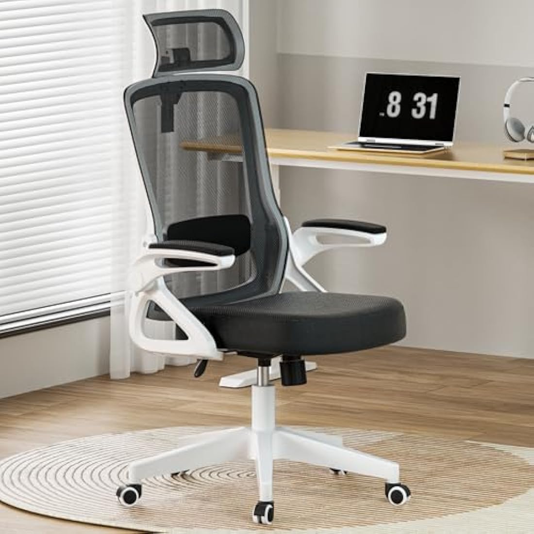 Ergonomic Office Chair, S-Shaped Mesh Desk Chairs, Adjustable Headrest & Lumbar Support, 90°Flip-Up Armrest, Breathable High Back & Widened Cushion, Swivel Computer Chair for Home/Study/Office