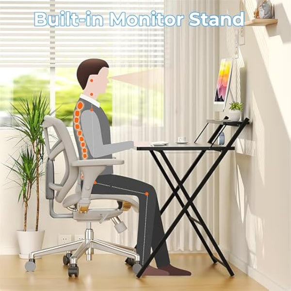 GreenForest Folding Desk No Assembly Required,Computer Desk with Monitor Shelf,Small Desk for Small Space,Black