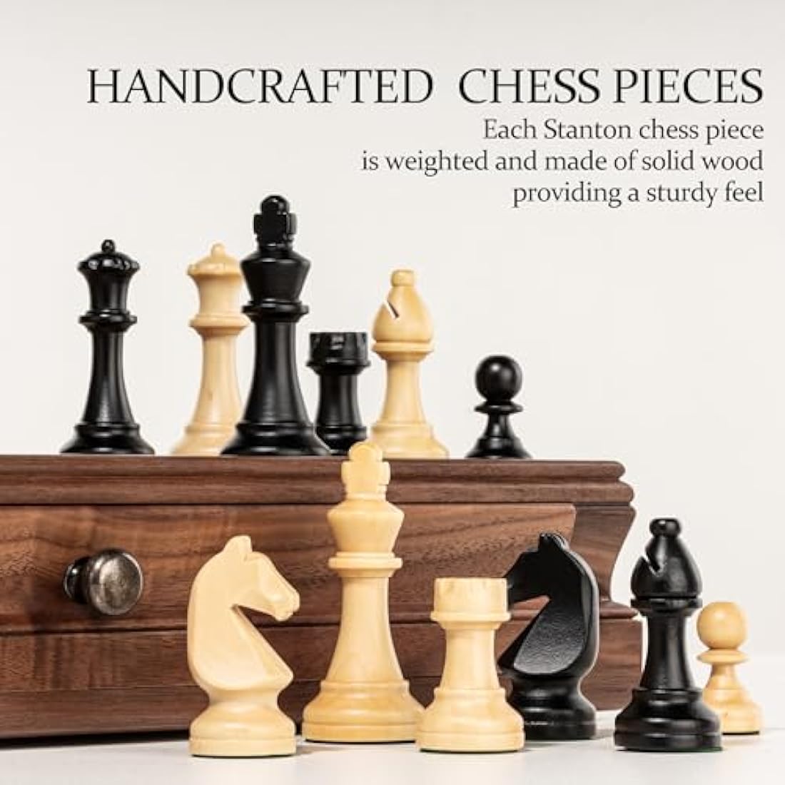 A&A 15 inch Walnut Wooden Chess Sets w/Storage Drawer/Triple Weighted Chess Pieces - 3.0 inch King Height/Walnut Box w/Walnut & Maple Inlay / 2 Extra Queen/Classic Board Games