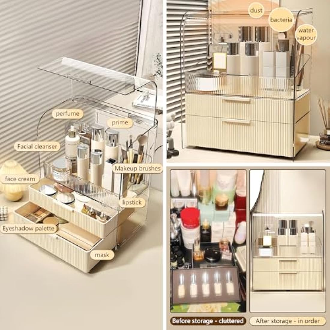 DASITON Cream Dustproof Four layers Storage Box,Makeup Brush Holder,Large Capacity Desktop Storage Box with Drawer,for Beauty Products,Perfume,Jewelry,Nail Polish