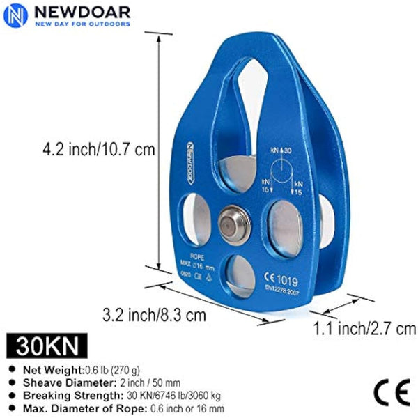 NewDoar 30KN Single/Double Pulley CE Certified Large Rescue Pulley for Diameter Max 16mm Rope Single/Double Sheave with Swing Plate for Rescue Hauling Arborist Tree Climbing